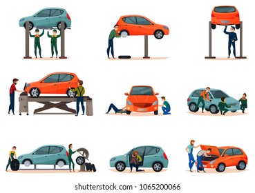 Car service icons set with maintenance symbols flat isolated vector illustration