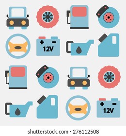 Car service icons set, car parts set, flat simple design with long shadows