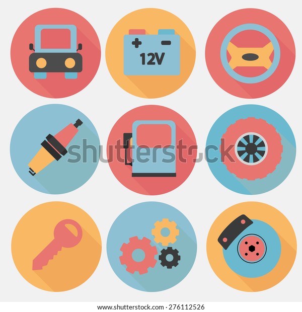 Car service icons set, car parts set, flat simple\
design with long shadows