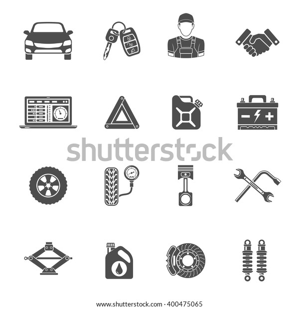 Car Service Icons Set for Poster, Web Site,\
Advertising like diagnostics Laptop, Battery, Jack and Mechanic.\
isolated vector\
illustration