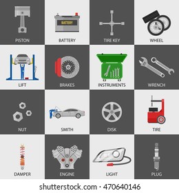 Car service icons set with repairmen auto details instruments on black and white backgrounds isolated vector illustration