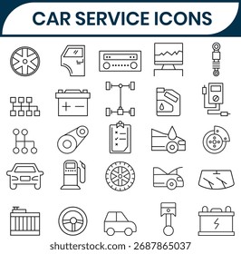 Conjunto de vetores de ícones de serviço de carro. Serviço de automóveis, conjunto de ícone de reparação de carro. Símbolo de lavagem de carro, garagem, reparação, estação, veículo, serviço relacionado à coleção de ícones de linha. Ilustração vetorial.