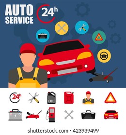 Car service illustration with flat icon set. Auto mechanic service flat icons of maintenance car repair and working. Auto mechanic design concept set with flat icons. Isolated vector illustration