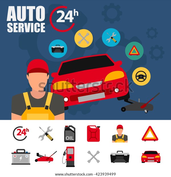 Car service illustration with flat icon set.\
Auto mechanic service flat icons of maintenance car repair and\
working. Auto mechanic design concept set with flat icons. Isolated\
vector illustration