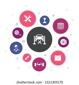 Car service Infographic 10 steps bubble design. disk brake, suspension, spare parts, Transmission icons
