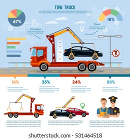 Car service infographic, auto towing, tow truck for transportation faults and emergency cars, tow truck infographic vector 