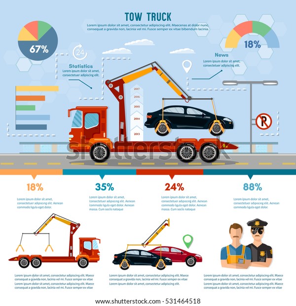 Car service infographic, auto towing, tow truck for\
transportation faults and emergency cars, tow truck infographic\
vector 