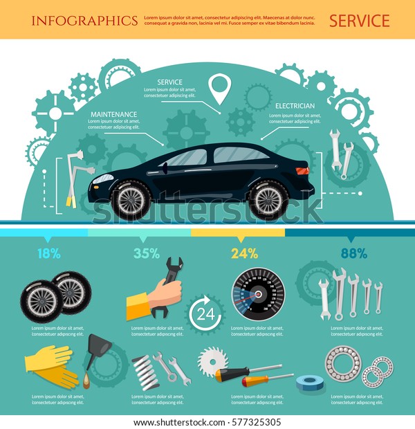 Car service infographic mechanic tool tuning
diagnostics, tire service, car repair
