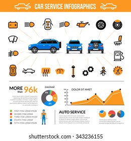  Car service infographic set with auto maintenance symbols flat vector illustration 