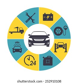 Car service Infographics. Auto service and repair icons isolated in round chart. Vector illustration. 