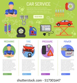 Car Service Infographics with Flat Icons mechanic, tire, pressure and power. Vector illustration.