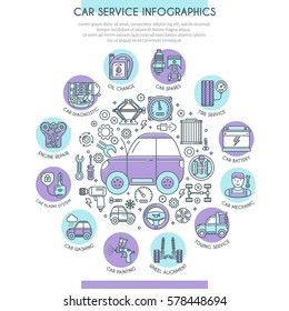 Car Service Infographics with Icons. Web Design Concept in Flat Line Style. Vector illustration