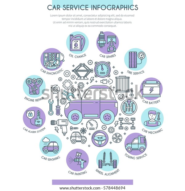 Car Service Infographics with\
Icons. Web Design Concept in Flat Line Style. Vector\
illustration