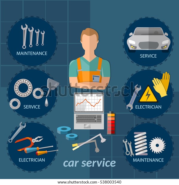Car\
service infographics mechanic auto service center, tool box, car\
diagnostics. Professional auto repair vector concept\
