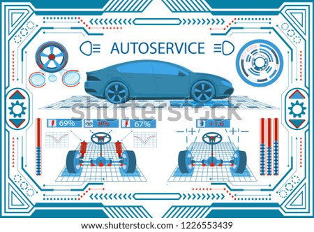 Car service. Interface in a frame on a white background. Diagnostic leveling wheels. Check springs. Parameters of the car. Vector illustration