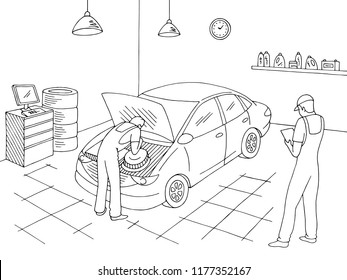 Car service interior graphic black white sketch illustration vector. Workers repair a vehicle