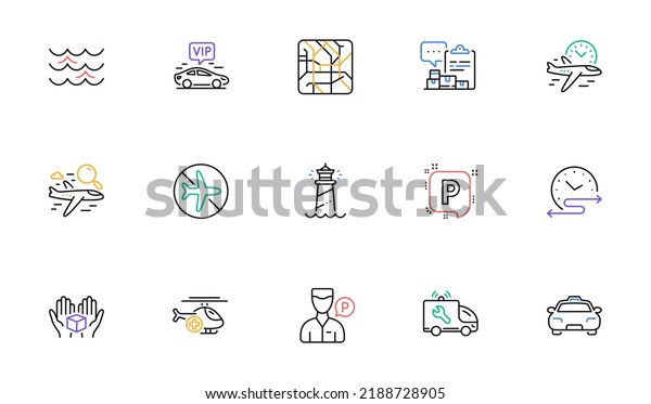 Car service, Inventory report and Waves line icons\
for website, printing. Collection of Vip transfer, Flight time,\
Medical helicopter icons. Parking, Taxi, Lighthouse web elements.\
Vector