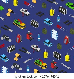 Car Service ISeamless Pattern Background Isometric View Diagnostics Repair Transport. Vector illustration of Automobile Garage and People