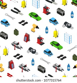 Car Service ISeamless Pattern Background on a White Isometric View Diagnostics Repair Transport. Vector illustration of Automobile Garage and People