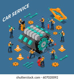 Car service isometric composition with people equipment and tools symbols vector illustration