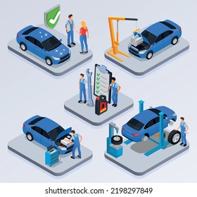 Composiciones isométricas del servicio de automóvil con personal del taller que realiza el diagnóstico mantenimiento de la rueda balanceo ilustración de vector aislado