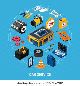 Car service isometric concept with professional help symbols vector illustration 