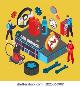 Car service isometric concept with spare parts symbols vector illustration 