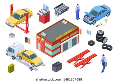 Car service isometric concept. Vector venicle, tire service illustration. Cars, building, repair tools, tires