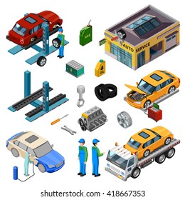 Car service isometric decorative icons set with workshop tow truck jack mechanic tools for repair and working staff vector illustration 