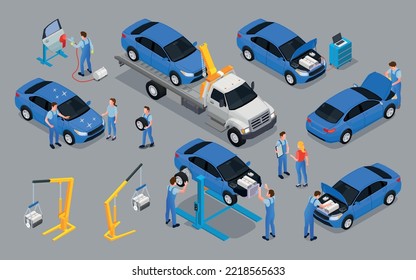 Car service isometric icons set of tow truck with faulty car workers and workshop equipment for repair vector illustration