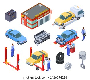 Servicio de Camión isométrico. Las personas reparan camiones con equipo industrial. Los técnicos sustituyen la pieza del vehículo, las ruedas. Taller 3d vector. Ilustración de la industria del camión de reparación y del servicio de automóviles