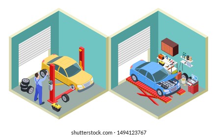 Car service isometric. People repair cars with auto industrial equipment. Technicians replace vehicle wheels illustration