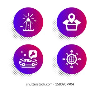 Car service, Lighthouse and Package location icons simple set. Halftone dots button. Logistics network sign. Repair service, Navigation beacon, Delivery tracking. International tracking. Vector