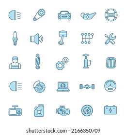 car service line filled icons in two colors isolated on white background. car service blue icon set for web design, ui, mobile apps, print polygraphy and promo business