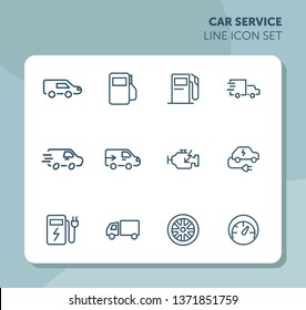 Car service line icon set. Filling station, electric car, wheel. Car concept. Can be used for topics like garage, vehicle maintenance, biofuel