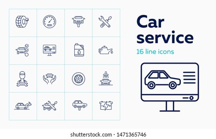 Car service line icon set. Set of line icons on white background. Auto concept. Car, checking, machine oil, master. Vector illustration can be used for topics like car, auto, mechanical, service