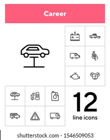 Car service line icon set. Lift, battery, van, key. Car concept. Can be used for topics like garage, vehicle repair, technical support