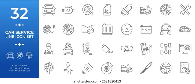Car service line icon set featuring 32 editable stroke automotive symbols including vehicle maintenance, repair tools, engine parts, dashboard elements, and mechanical components in vector style