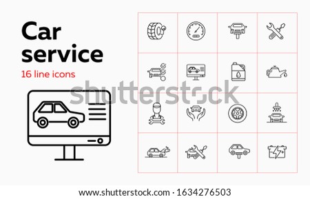 Car service line icon set. Set of line icons on white background. Auto concept. Car, checking, machine oil, master. Vector illustration can be used for topics like car, auto, mechanical, service