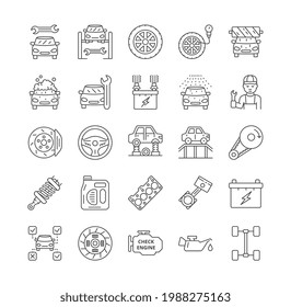 Iconos de la línea de servicio de coches. Aceite, motor, filtro, embrague, amortiguador, presión del neumático, lavado de coches, batería del coche, conducción en cuatro ruedas, motor, lista de comprobación. Stroke editable. Conjunto de ilustraciones vectoriales planas