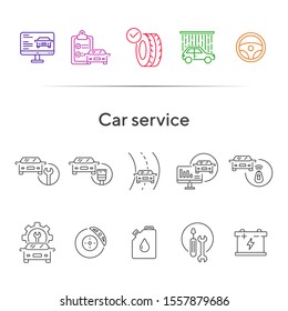 Car service line icons. Set of line icons. Accumulator, tools, car shower. Car repair concept. Vector illustration can be used for topics like car service, business, advertising