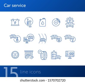 Car service line icons. Set of line icons. Accumulator, tools, car shower. Car repair concept. Vector illustration can be used for topics like car service, business, advertising