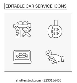 Car service line icons set. Replacement of important details inside the car, Repair garage. Transport concepts. Isolated vector illustrations. Editable stroke