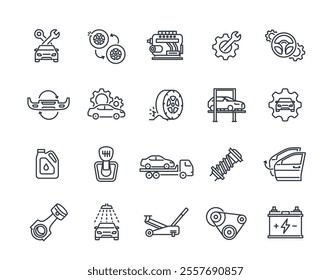 Car service line icons set. Simple symbols with Automotive Spare Part, vehicle Component, Engine, Battery and Tools. Editable stroke. Outline vector illustration collection isolated on background