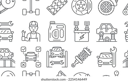 Car service line seamless pattern. Repeating design element for printing on fabric. Mechanic with wrench, disassembled transport. Brakes and battery, washing. Cartoon flat vector illustration