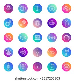 Car service line vector icons on color gradient rounds isolated on white background. Car service outline icon set for web and ui design