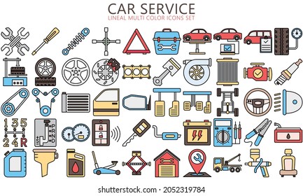car service lineal multi color icons set, auto repair and transport. Collection modern elements and symbols. Used for modern concepts, web, UI, UX kit and applications. EPS 10 ready to convert to SVG svg