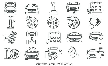 Car service linear icons. Car service icon set with 20 meticulously crafted maintenance icons ideal for automotive designs and mechanic businesses. Suitable for websites, apps, and posters.