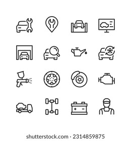 Car service, linear style icons set. Car repair, spare parts. Service station. Diagnostics, adjustment, replacement, installation of car parts. Equipment and tools for repair. Editable stroke width