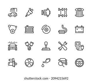 Car service linear vector icons set. Service station. Radiator, battery, piston, generator, car wash, filter, oil, injector, brake pads, chassis and much more. Car service icons collection.